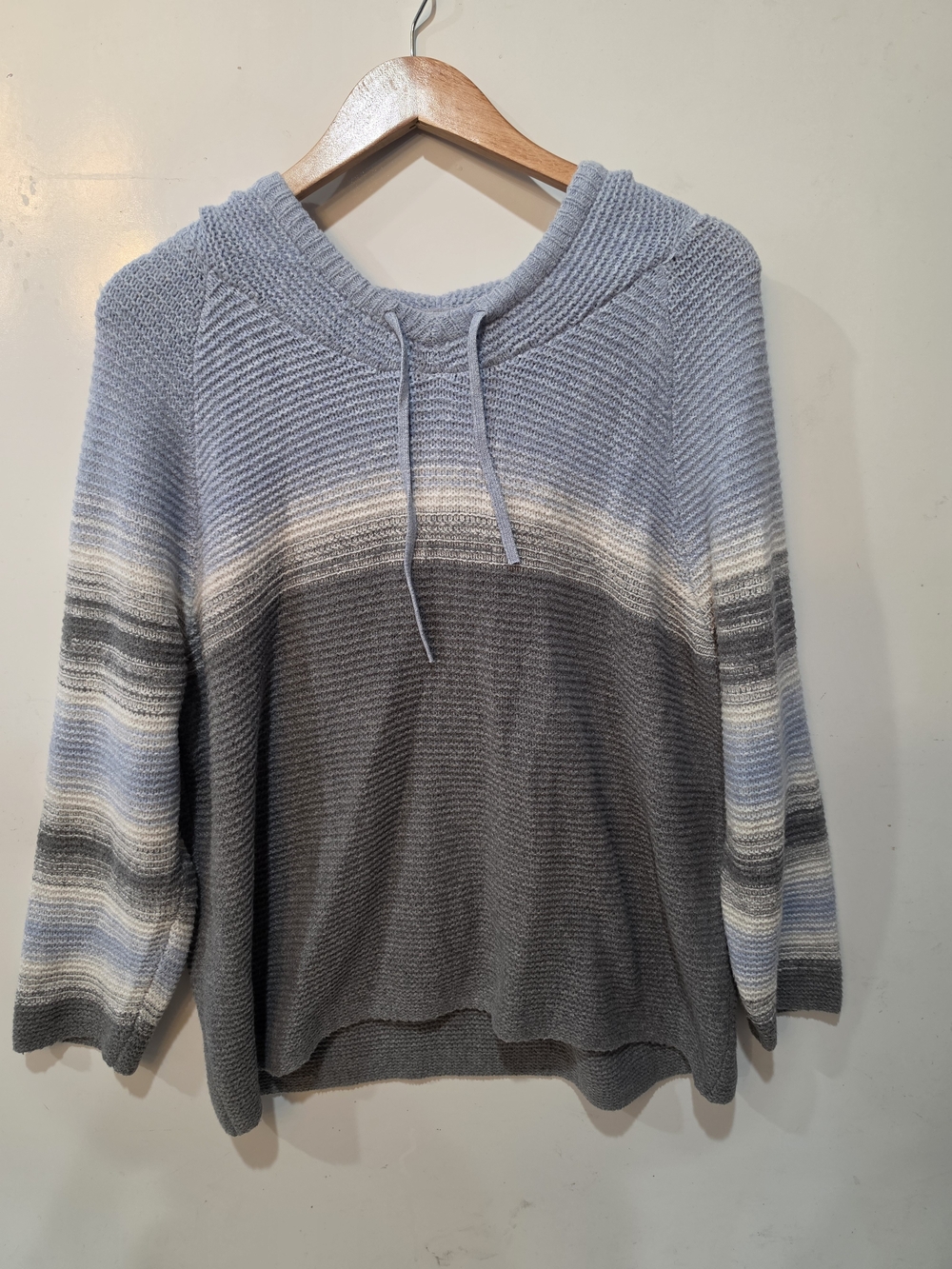 J JILLWomen Ombre Knit Hoodie Sweater - Gray Light Blue Cotton Mix Sz L PETITE